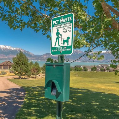 Kare çerçeveli Hayvan Atık İstasyonu. Ağaç ve patikanın yanında köpek kakası torbaları ve çöp tenekesi var.