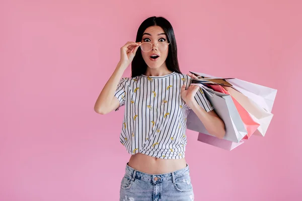 Asian Teenage Girl Pink Background Stylish Young Woman Shopping Bags — Stock Photo, Image