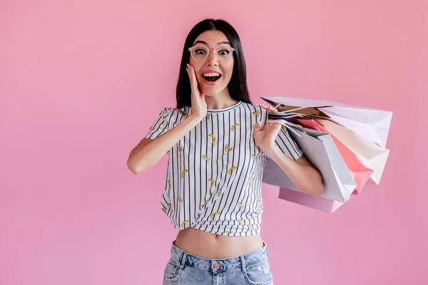 Asian Teenage Girl Pink Background Stylish Young Woman Shopping Bags — Stock Photo, Image