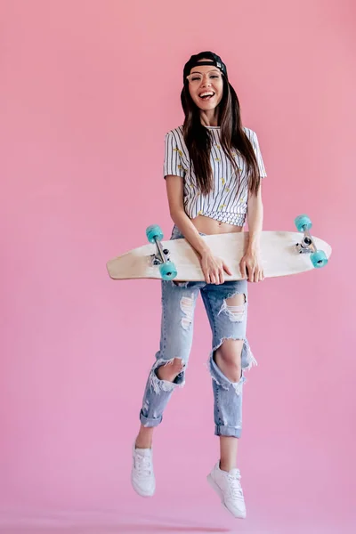 Joven Adolescente Asiática Sobre Fondo Rosa Mujer Joven Con Estilo — Foto de Stock