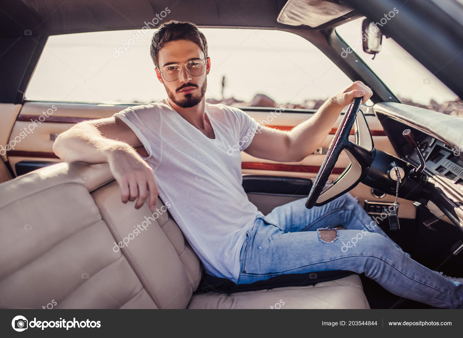 Handsome Bearded Man Sitting His Green Retro Car Standing Beach Stock ...