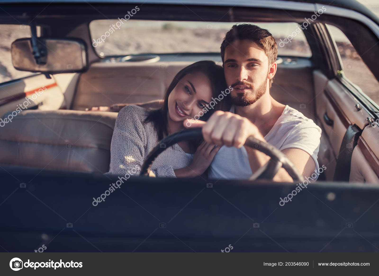 Romantic Couple Sitting Green Retro Car Beach Handsome Bearded Man Stock Photo C 4pmphoto Gmail Com 203546090