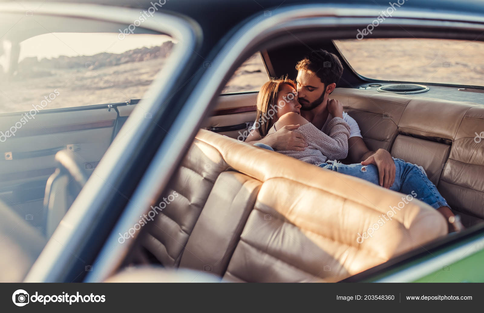 Romantic Couple Sitting Green Retro Car Beach Handsome Bearded Man Stock Photo C 4pmphoto Gmail Com 203548360