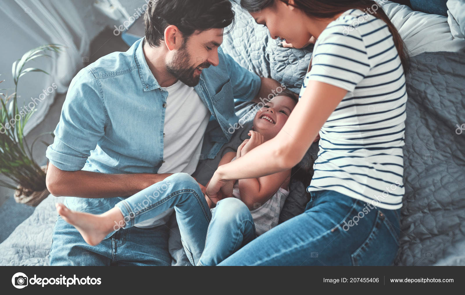 Happy Family Having Fun Bedroom Dad Mom Little Daughter