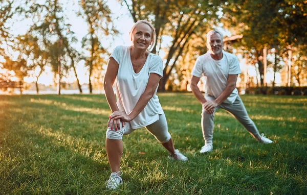 Casal Sénior Está Praticar Desporto Livre Alongamento Parque Durante Nascer — Fotografia de Stock