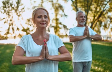 Üst düzey çift açık havada spor yapıyor. Parkta gündoğumu sırasında germe. Birlikte yoga yapıyor. Sağlıklı yaşam konsepti