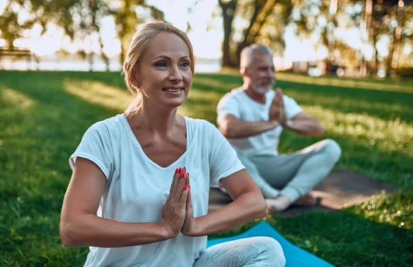 Äldre Par Gör Idrott Utomhus Stretching Parken Sunrise Gör Yoga — Stockfoto
