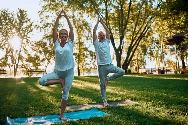 Senior Couple Doing Sport Outdoors Stretching Park Sunrise Doing Yoga — Stock Photo, Image