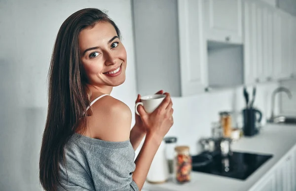 Good Morning Attractive Young Woman Having Rest Home Girl Kitchen — Stock Photo, Image