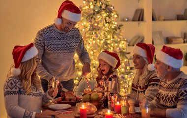 Mutlu Noeller ve mutlu yeni yıl! Festival aile yemeği. Kış tatili birlikte kutluyor