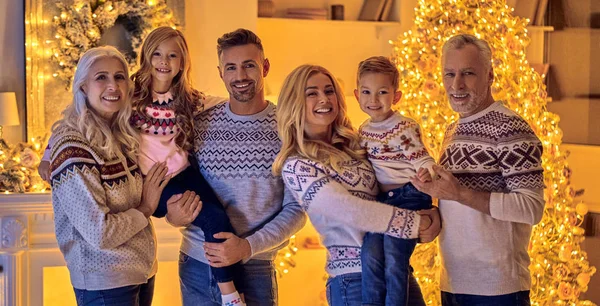 Mutlu Noeller ve mutlu yeni yıl! Mutlu aile kutluyor kış tatili evde. Büyükanne ve büyükbaba, ebeveynler ve çocuklar birlikte dekore edilmiş yılbaşı ağacının yanında ayakta iken Noel için bekliyor