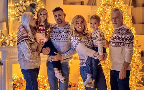 Mutlu Noeller ve mutlu yeni yıl! Mutlu aile kutluyor kış tatili evde. Büyükanne ve büyükbaba, ebeveynler ve çocuklar birlikte dekore edilmiş yılbaşı ağacının yanında ayakta iken Noel için bekliyor