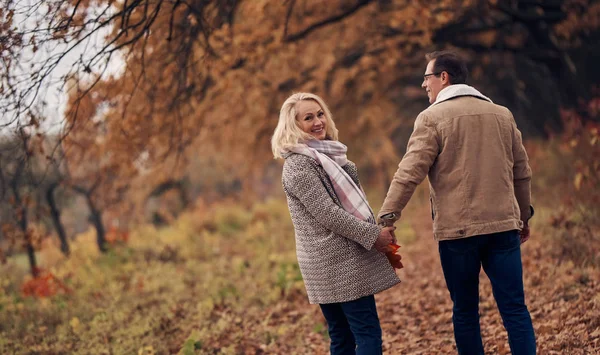 Casal Sênior Andando Parque Outono Mulher Atraente Homem Bonito Passar — Fotografia de Stock