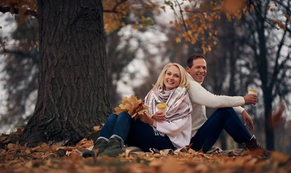Senior Couple Walking Park Autumn Attractive Woman Handsome Man Spending — Stock Photo, Image