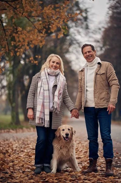 Pareja Mayor Caminando Parque Otoño Atractiva Mujer Hombre Guapo Pasar —  Fotos de Stock