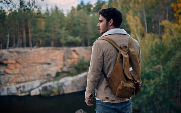 Male Tourist Exploring New Places Handsome Bearded Man Backpack Nature — Stock Photo, Image