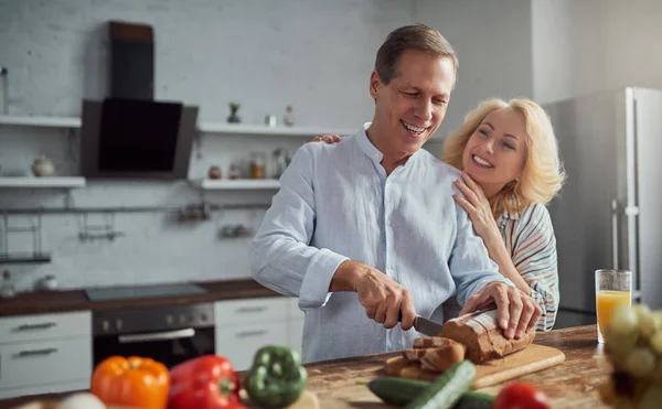 Senior Couple Cooking Kitchen Beautiful Woman Handsome Man Spending Time — Stock Photo, Image