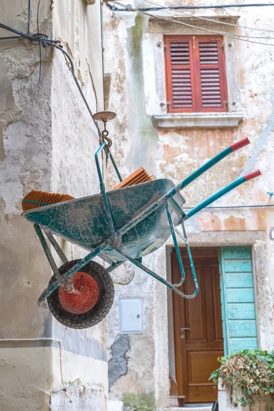 Loaded Wheelbarrow Construction Works Ancient Street Rovinj Croatia Europe — Stock Photo, Image