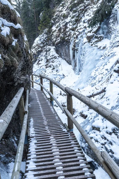 Wanderweg Durch Eine Schmale Mit Schnee Und Eis Bedeckte Schlucht — Stockfoto