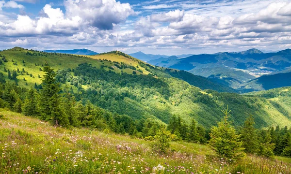 Frühlingslandschaft Mit Grasbewachsenen Wiesen Und Berggipfeln Blauer Himmel Mit Wolken — Stockfoto