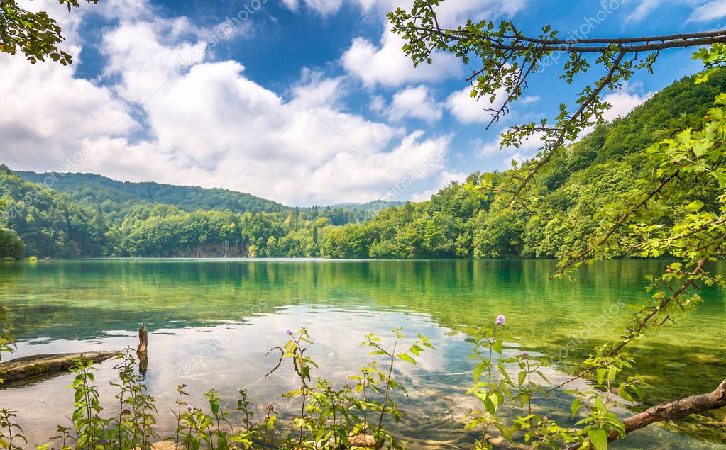 View of landscape with a lake, The Plitvice Lakes National Park, Croatia, Europe.