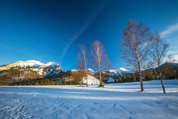 Snowy winter landscape with mountains at sunset. — Stock Photo, Image