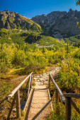 Dřevěný most v popředí horské krajiny na podzim.