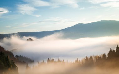 Slovakya 'nın Orava bölgesinde sonbahar manzarası sisli bir sabah