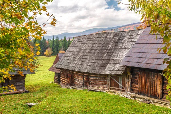 Herfst landschap met oranje gekleurde boom en houten huisjes. — Stockfoto
