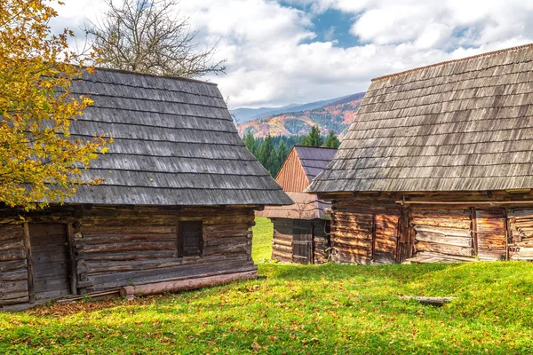 Herfst landschap met oranje gekleurde boom en houten huisjes. — Stockfoto