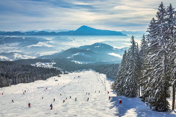 Karlı kış manzarasının güzel manzarası. Slovakya, Avrupa 'daki Kubinska hola tatil beldesinin kayak yamacından görüntü.