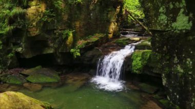 Bir yaz boyunca yeşil ormanda Şelaleler, uzun bir süre ile pozlama. Beskydy Dağları'ndaki Satina Nehri, Çek Cumhuriyeti, Avrupa.