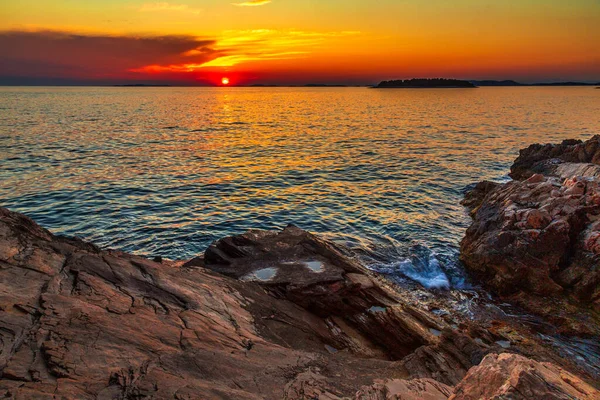 Paisagem Marítima Pôr Sol Cidade Primosten Destino Turístico Popular Costa — Fotografia de Stock