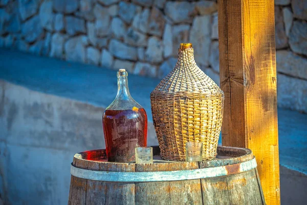 Outdoor Still Life Red Wine Glass Barrel Glasses — Stock Photo, Image