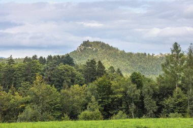 Çek Cumhuriyeti 'nin Avrupa' daki Hradec Kralove Bölgesi 'ndeki Adrspach-Teplice Kayalıkları' nın manzarası. Verdant orman ve dağ manzarası bulutlu bir gökyüzü altında, doğal manzaranın güzelliğini gösteriyor..