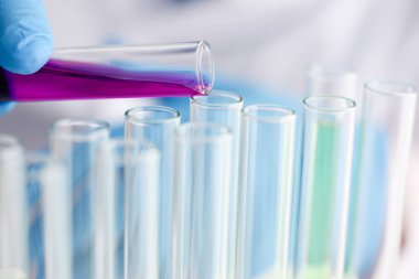 Bir erkek kimyager tüp cam içinde tutar