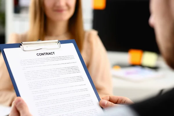 Smiling woman offer contract form