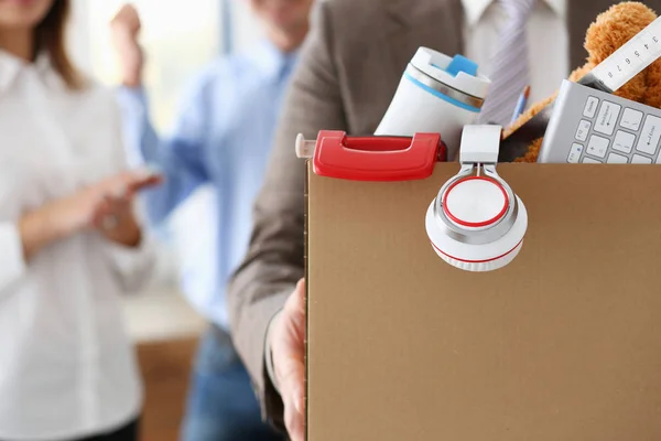 Angry yelling boss point arm to exit dismissing sad — Stock Photo, Image