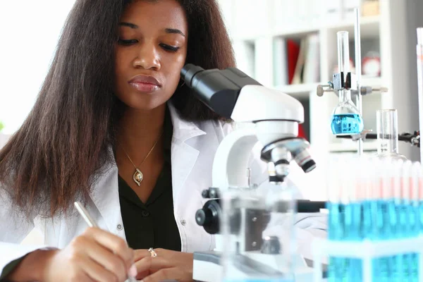 Black woman scientist student chemist in protective