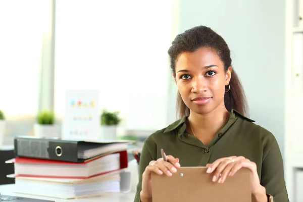 stock image Beautiful smiling businesswoman portrait workplace