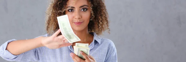 Beautiful black woman portrait. Scattering money notes — Stock Photo, Image