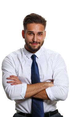 Esmer beyaz kişi yakışıklı gülümseyen yetişkin sakallı