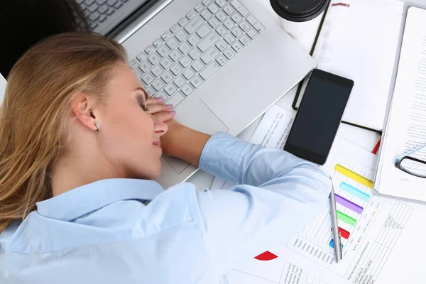 Tired businesswoman at workspace in office — Stock Photo, Image