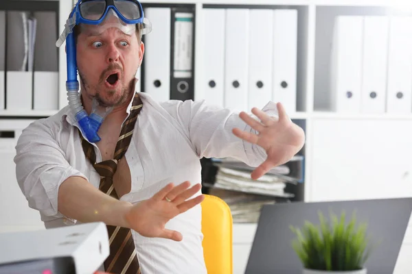 Man wearing suit and tie in goggles and snorkel — Stock Photo, Image