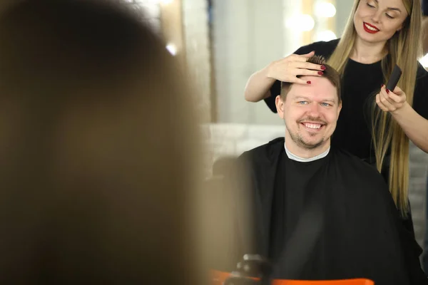 Beautiful Hairdresser Making Man Client Hairstyle