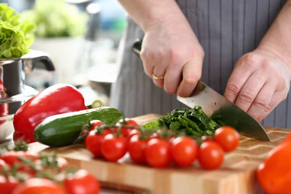 Chef mãos cortando dieta Herb Greens Ingrediente — Fotografia de Stock