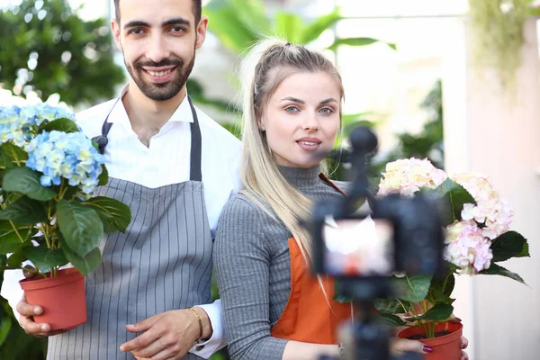 Man and Woman Recording Flower Vlog to Camera — Stock Photo, Image