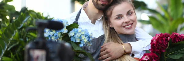 Florist Blogger Hug Woman with Hydrangea Flower