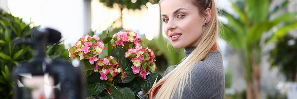Blonde Blogger Holding flowerpot med Hydrangea — Stockfoto