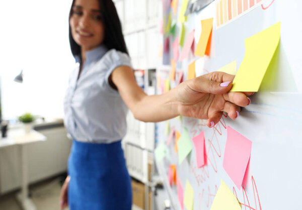 Улыбающаяся продавщица касается желтой бумажной наклейки на доске
